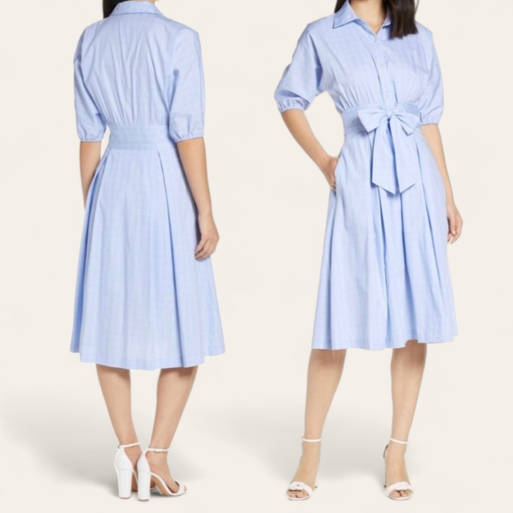 Eliza J Cotton Tie Waist Puffed Sleeve Button Front Fit & Flare Shirtdress Sz 4